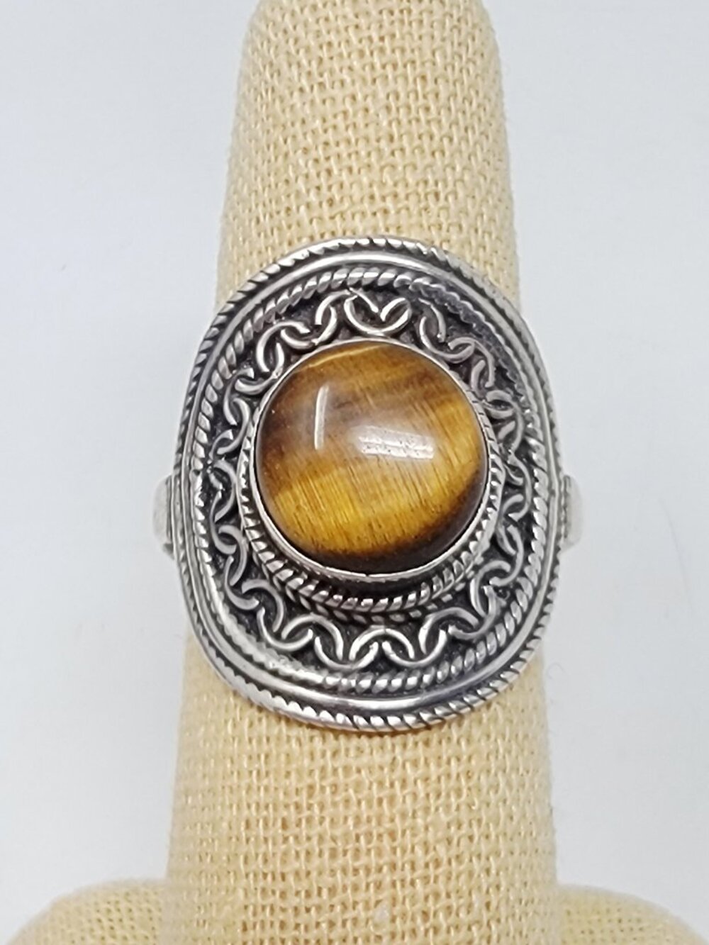 Sterling Silver 925 Tiger’s Eye Statement Ring Boho Vintage Style Size 8